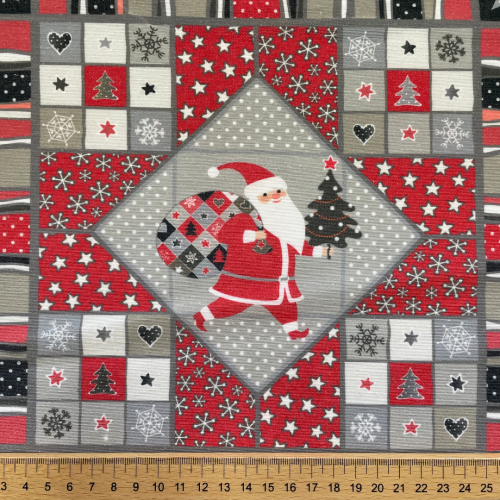Vianočná dekoračná látka - Santa Claus na šedo-červenom podklade