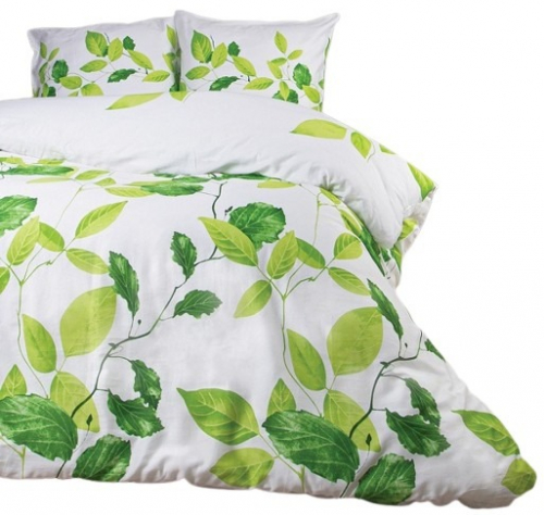 Obliečka saténová - zelené vetvičky s listami na biele - Fade green