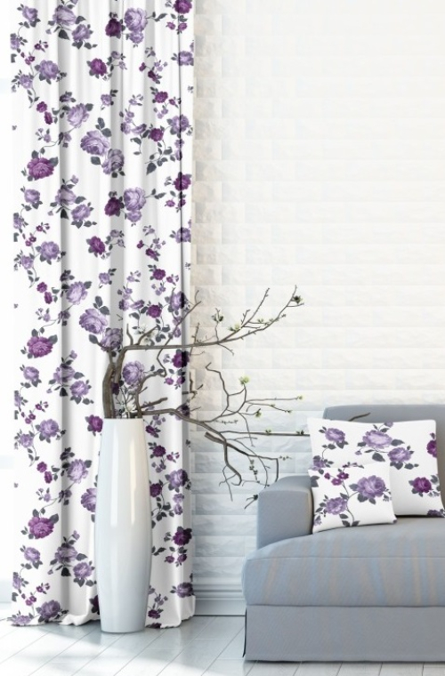 Hotový dekoračný záves - biely s fialovými kvetmi - New York - 119