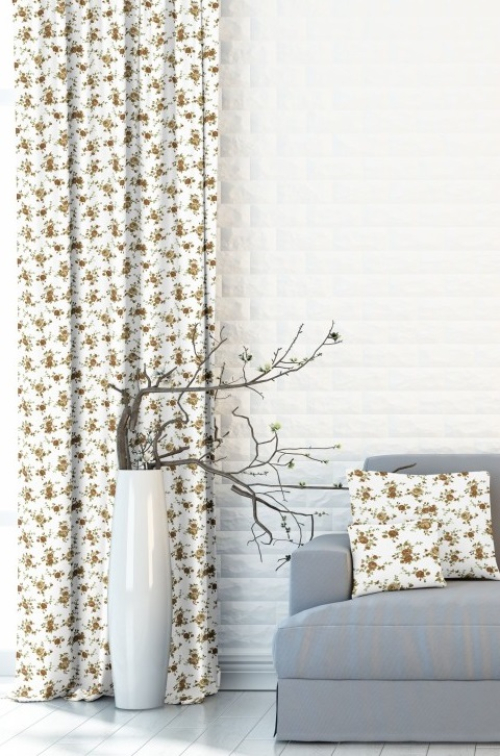 Hotový dekoračný záves - biely s hnedými kvetmi - New York - 107