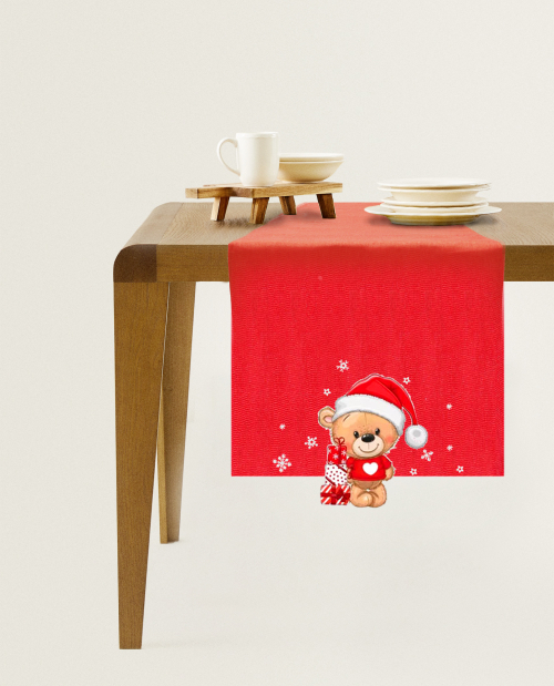 Vianočný obrus štola - červená s medvedíkom - NORIMBERGA