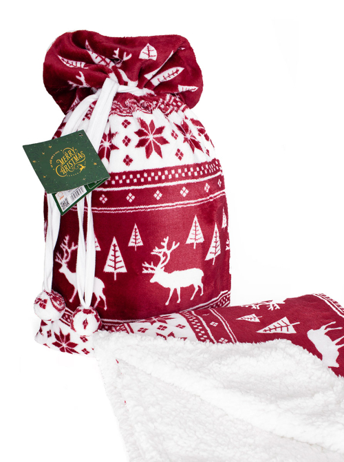 Deka Sherpa - vianočná deka - nórsky vzor - bordovo biela