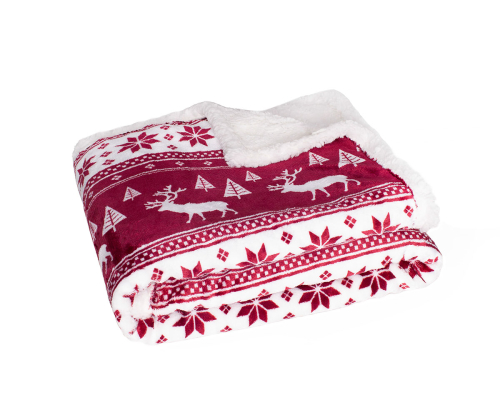 Deka Sherpa - vianočná deka - nórsky vzor - bordovo biela