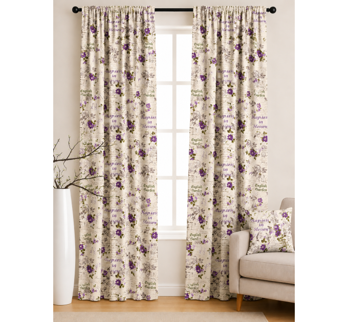 Hotový dekoračný záves - krémový s fialovými kvetmi - Velvet - 105