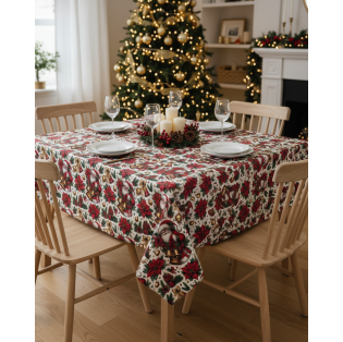 Hranatý vianočný obrus - biely s červenými motívmi - Santa