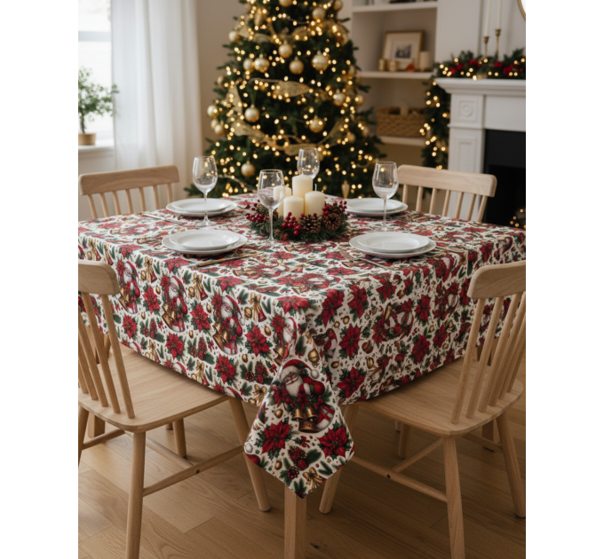 Hranatý vianočný obrus - biely s červenými motívmi - Santa